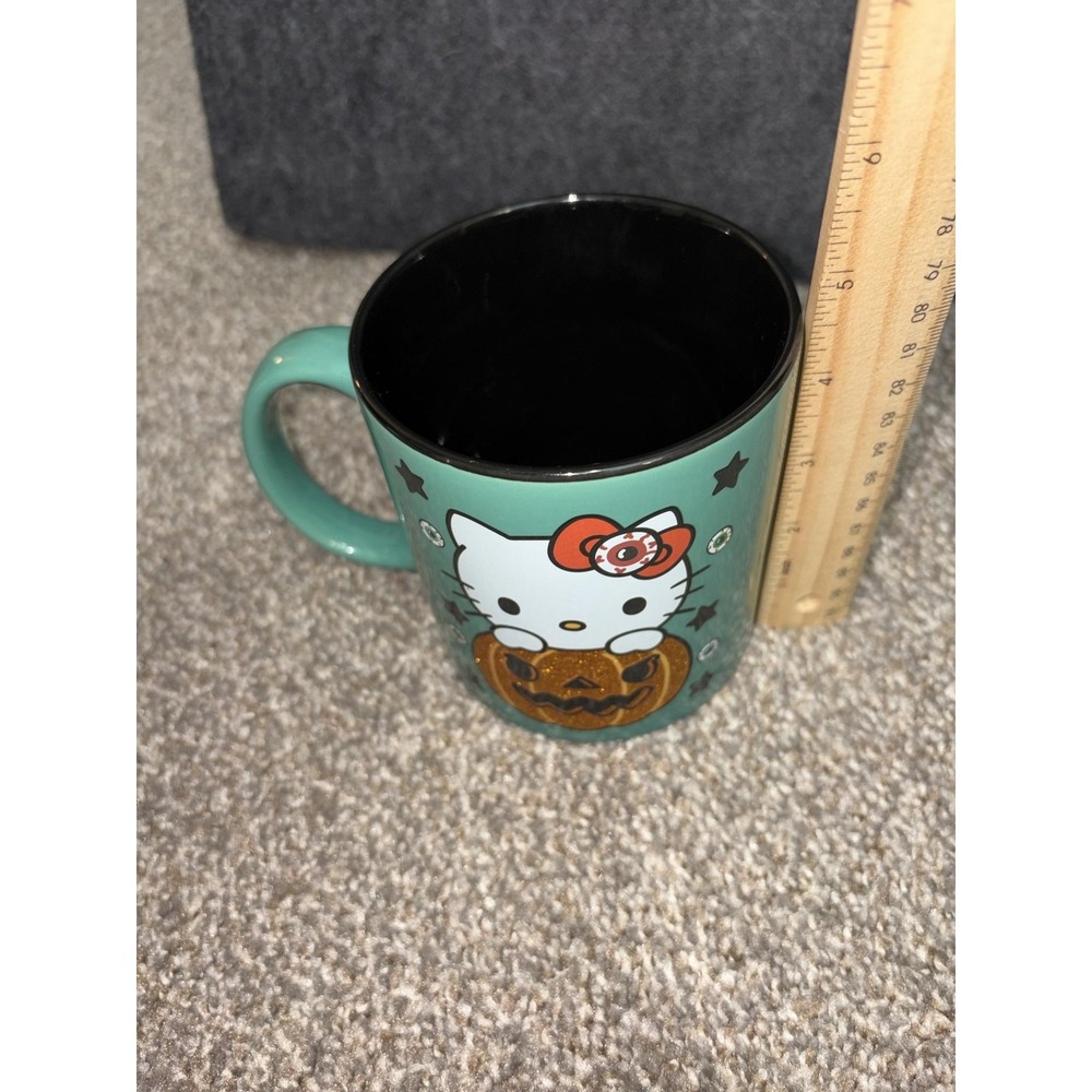 Hello Kitty Halloween Glitter Pumpkin Jack O Lantern Ceramic Teal Mug 20 Oz Eye - Picture 2 of 7